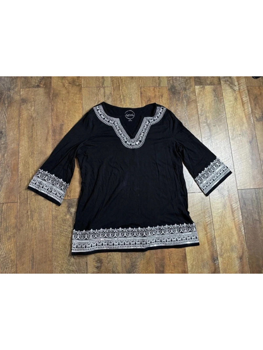 INC Sequin Tunic Top Women 1X Black White Boho Hippie Whimsigoth